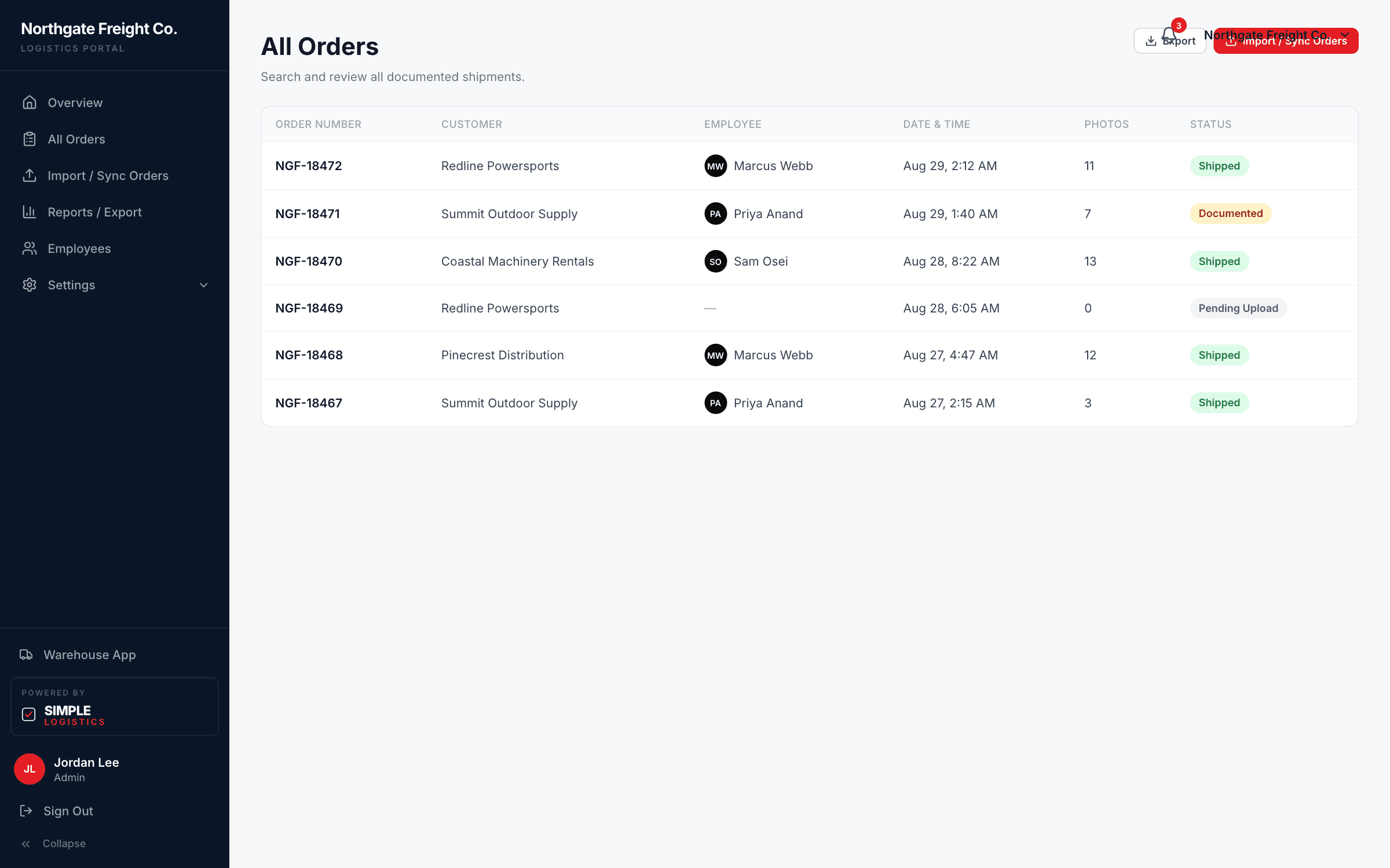 Simple Logistics admin All Orders page listing shipments by status