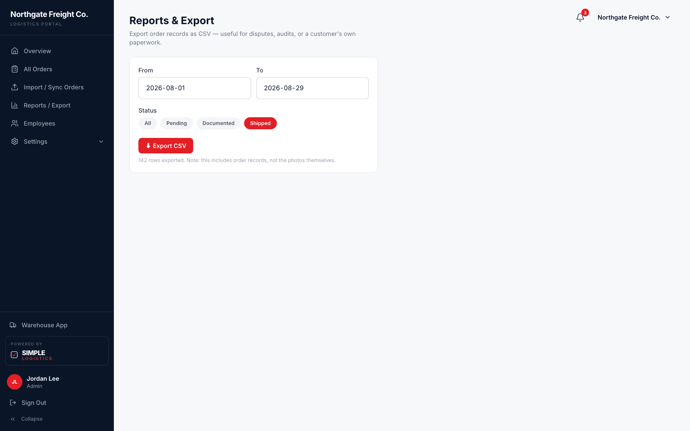 Simple Logistics admin Reports and export page