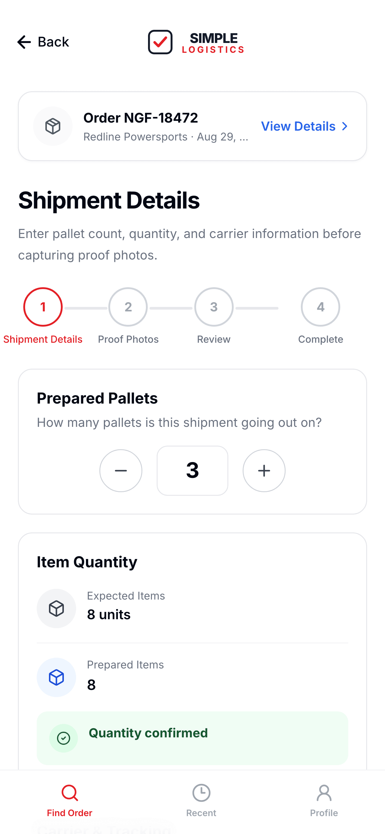 Simple Logistics mobile app Shipment Details screen showing pallet count and item quantities